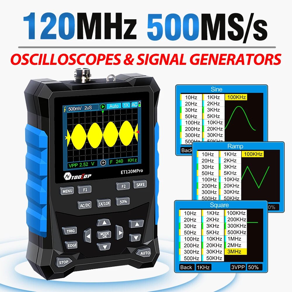 Digital Storage Oscilloscope 100Mhz - 2 in 1デジタルオシロスコープ,自動車用オシロスコープ,日曜大工ツール,TOOLTOP-ET120MPro MHz,120 500 MHz,メガサンプル/秒MHz信号ソース